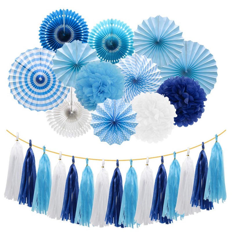Meiduo Blue Party Decorations Hanging Paper Fans Pom Poms Flowers Tissue Tassel Garland for Elephant Shark Theme Kids Birthday Baby Shower Graduation - Image 1